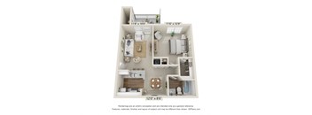 A 3D floor plan of a small apartment with a kitchen, living room, and bathroom.