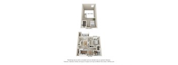 A floor plan of a small apartment with a kitchen, living room, and bathroom.