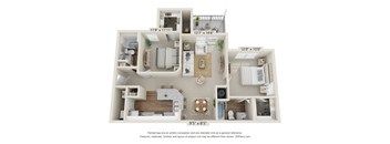A 3D floor plan of a small apartment with a kitchen, living room, and bathroom.