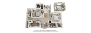 A 3D floor plan of a small apartment with a kitchen, living room, and bedroom.