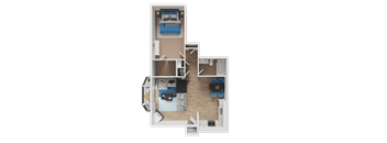 A top-down view of a small apartment layout with a bedroom, living room, and kitchen.