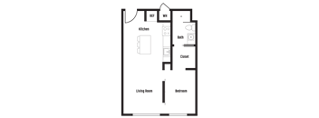 A floor plan of a house with a kitchen, living room, bedroom, bathroom, and closet.