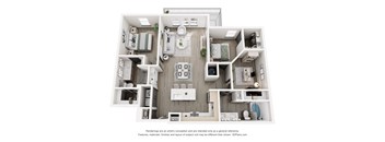 A 3D floor plan of a small apartment with a kitchen, living room, and two bedrooms.