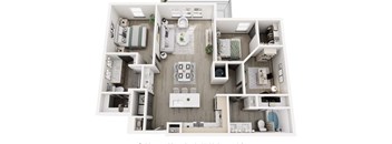 A top-down view of a small, well-organized apartment with a kitchen, living room, and bedroom.