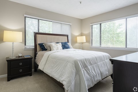 a bedroom with a bed and two windows