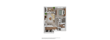 A floor plan of a small apartment with a living room, kitchen, and bedroom.