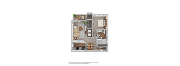 A floor plan of a small apartment with a kitchen, living room, and bedroom.