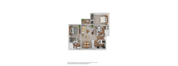 A floor plan of a two-bedroom apartment with a living room, kitchen, and bathroom.