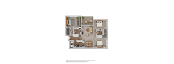 A 3D floor plan of a small apartment with a kitchen, living room, and bedroom.