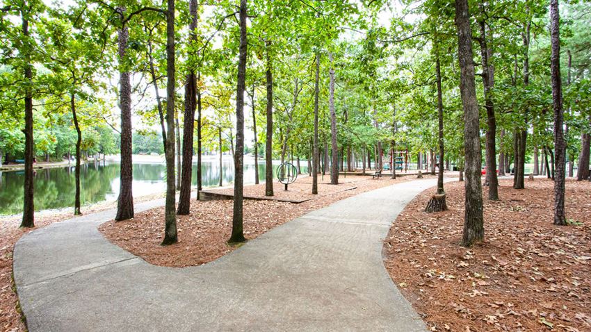 a path in a park next to a lake