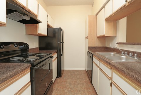A kitchen with a black refrigerator, black stove, and brown cabinets.