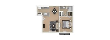 A floor plan of a small apartment with a kitchen, living room, and bathroom.