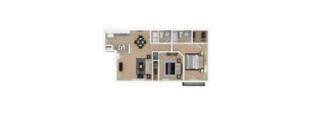 A floor plan of a house with a kitchen, living room, and bathroom.