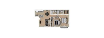 A floor plan of a house with a kitchen, living room, and bathroom.