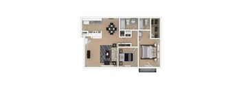 A floor plan of a house with a kitchen, living room, dining room, and bathrooms.