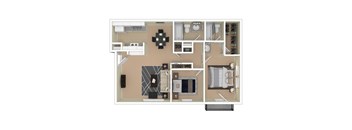 A floor plan of a house with a kitchen, living room, and bathrooms.