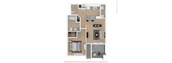 A floor plan of a small apartment with a kitchen, living room, and bathroom.