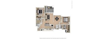 A floor plan of a house with a kitchen, living room, and bathrooms.