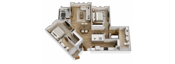 A 3D floor plan of a house with multiple rooms and furniture.