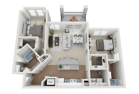 a floor plan of a two bedroom apartment with two bathrooms and a balcony