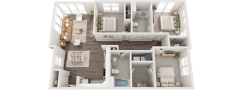 A top-down view of a modern, well-organized apartment with a kitchen, living room, and bedrooms.