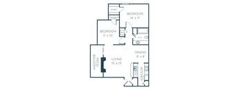 A floor plan of a small apartment with a living room, kitchen, and two bedrooms.