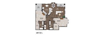 A floor plan of a living space with a kitchen, two bathrooms, a patio, and two bedrooms.