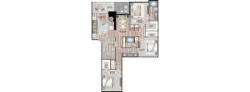 A detailed layout of a house floor plan including multiple rooms and bathrooms.