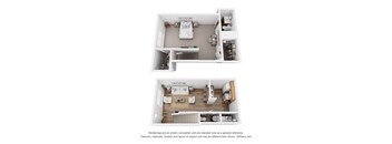 A 3D floor plan of a small apartment with 1 bedrooms and a living room.