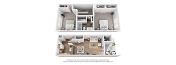 A white 3D floor plan of a house with two bedrooms, a living room, a kitchen, and a bathroom.