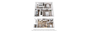 A 3D floor plan of a small apartment with a kitchen, living room, and bedrooms.