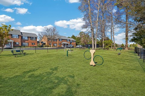 A grassy field with a playground and houses in the background.