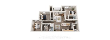 A 3D floor plan of a house with multiple rooms.