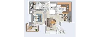 A floor plan of a home with a living room, dining room, kitchen, bedroom, bathroom, and balcony.