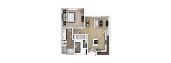 A floor plan of a small apartment with a bedroom, bathroom, kitchen, and living room.