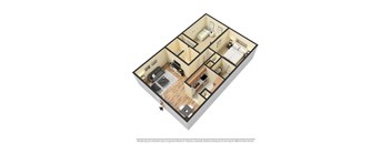 A 3D rendered image of a 2 bedroom 1 bathroom apartment layout.
