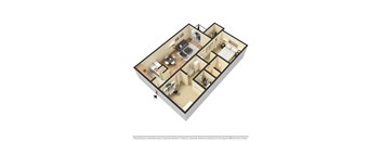 A 3D rendered image of a 2 bedroom 1 bathroom apartment layout.
