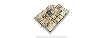 A 3D rendered image of a 2 bedroom 2 bathroom apartment layout.