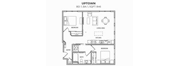 A floor plan of an apartment layout with a living area, kitchen, and two bedrooms.
