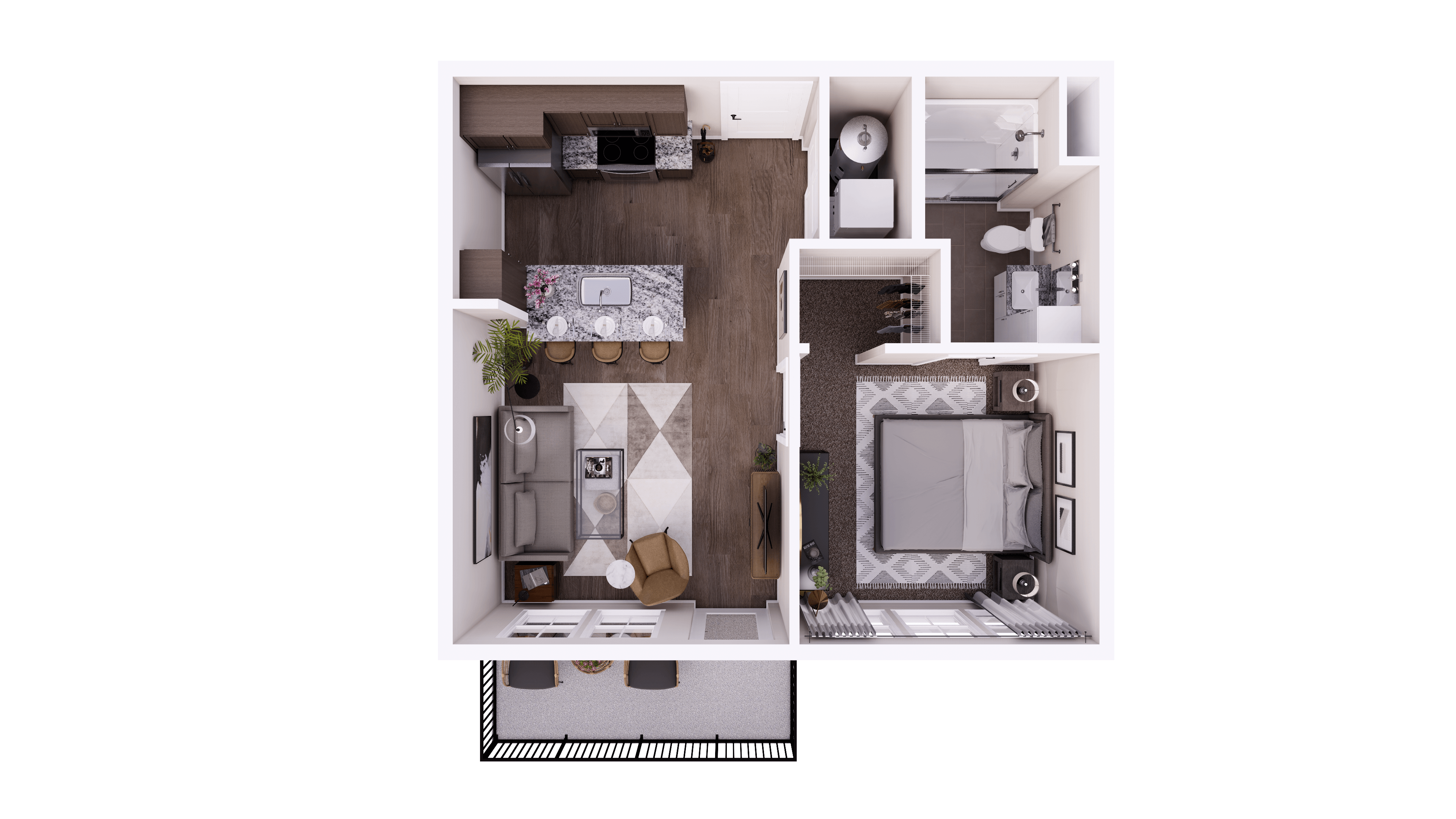 A floor plan of a small apartment with a kitchen, living room, and bathroom.