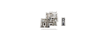 A floor plan of a house with a kitchen, living room, and two bedrooms.