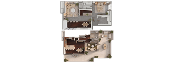 A top-down view of a house with a living room, kitchen, and dining area.