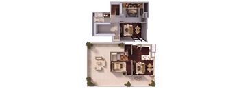 A 3D floor plan of a house with two bedrooms, a living room, a kitchen, and a bathroom.