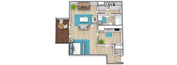 A floor plan of a house with a living room, kitchen, and bathroom.