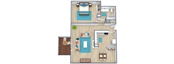 A top-down view of a living room, kitchen, and bedroom.