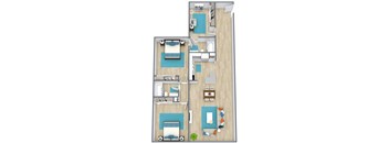 A floor plan of a house with a kitchen, living room, and two bedrooms.