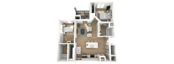 A 3D floor plan of a house with a kitchen, living room, and bedrooms.