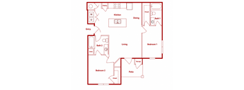 A red floor plan of a house with labeled rooms.