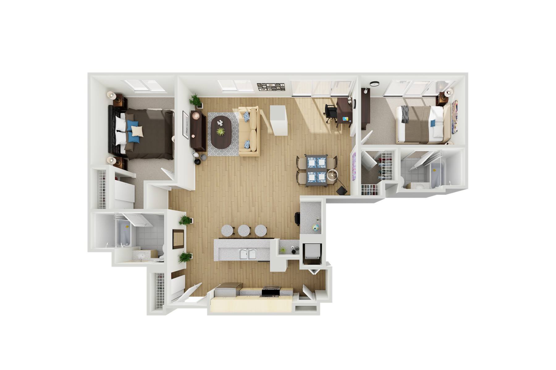 A 3D floor plan of a small apartment with a kitchen, living room, and bedroom.