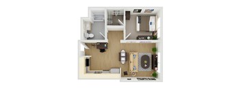 A top-down view of a small, neatly organized apartment with a kitchen, living room, and bathroom.